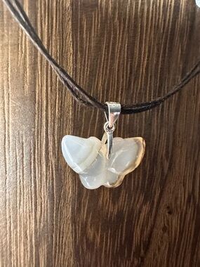 Small Banded Dendritic Agate Butterfly Pendant Necklace, Sterling Silver Bail